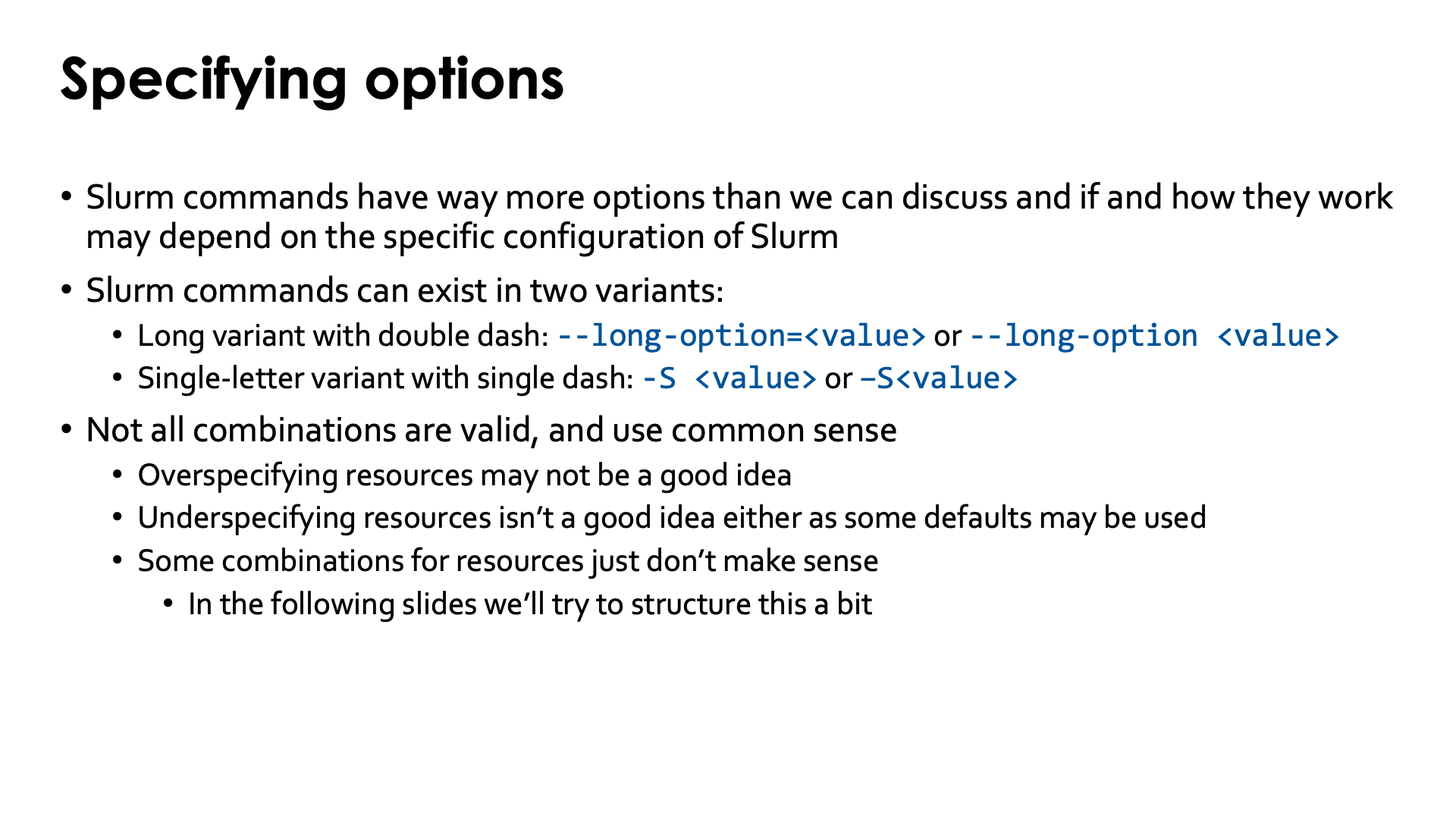 Slide Specifying options