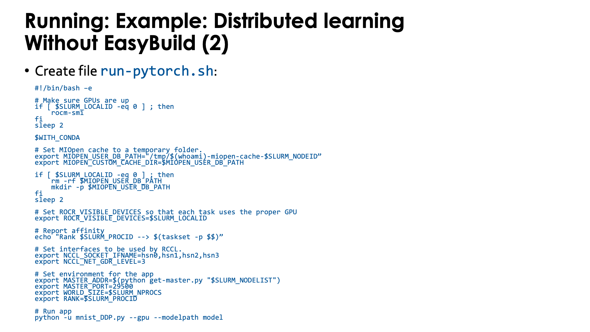 Example: Distributed learning with PyTorch, no EasyBuild-generated module - slide 2