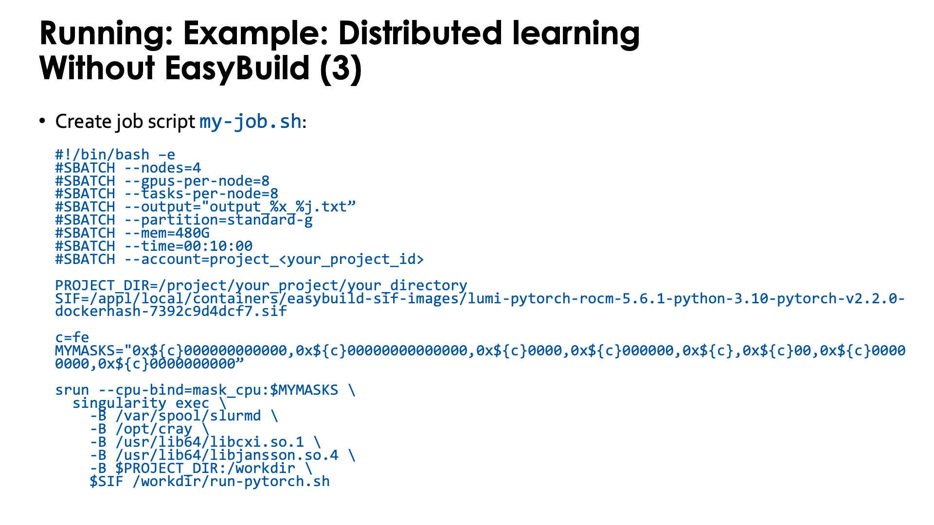 Example: Distributed learning with PyTorch, no EasyBuild-generated module - slide 3